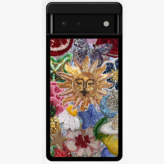 Celestial Floral and Playful Glass Case showing flat back view with floral and celestial themed artwork and glossy glass finish.