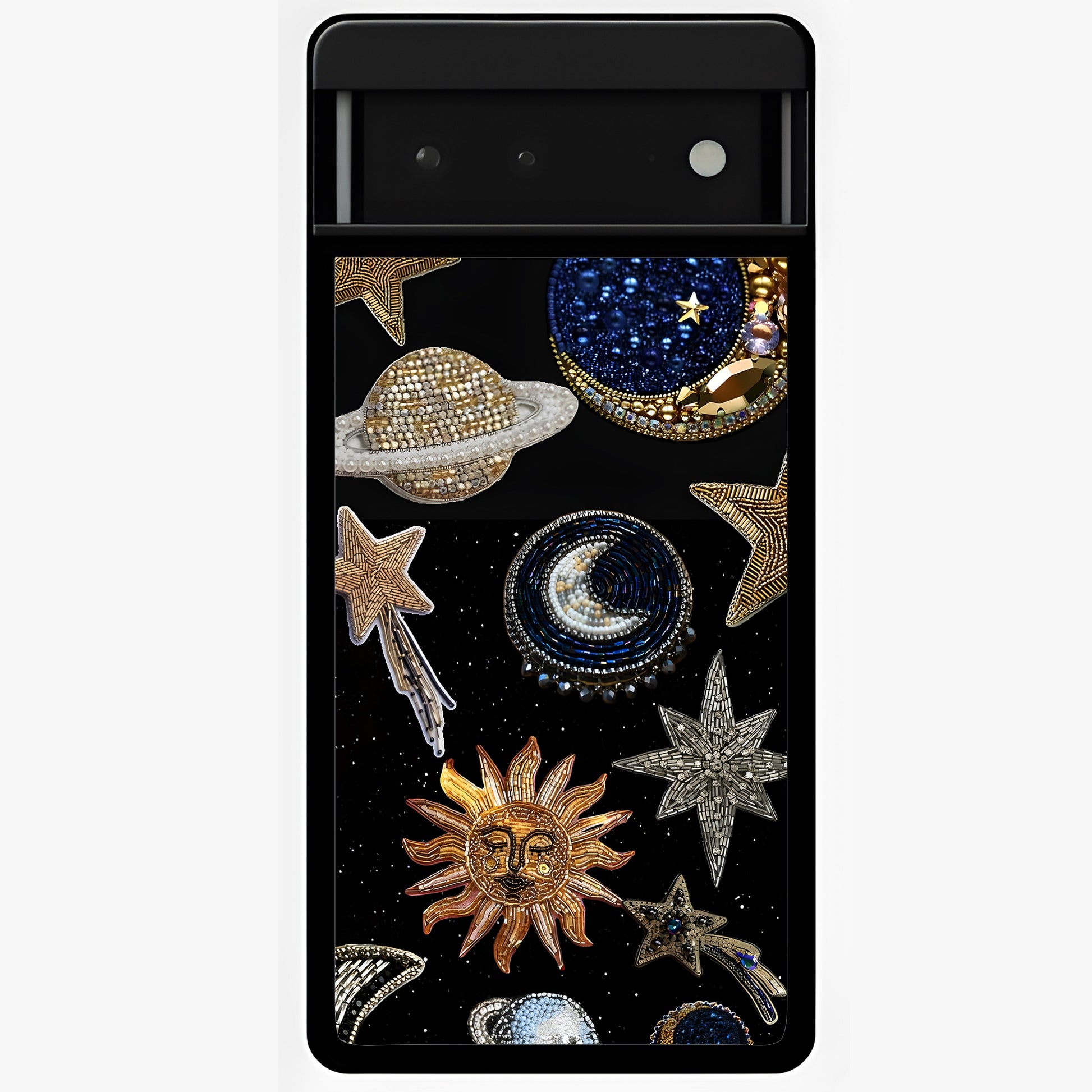 Celestial Gem Constellations Glass Case showing flat back view with sparkling constellation artwork and glossy glass finish.