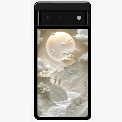 Celestial Origami Glass Case showing flat back view with artistic origami inspired celestial artwork and glossy glass finish.
