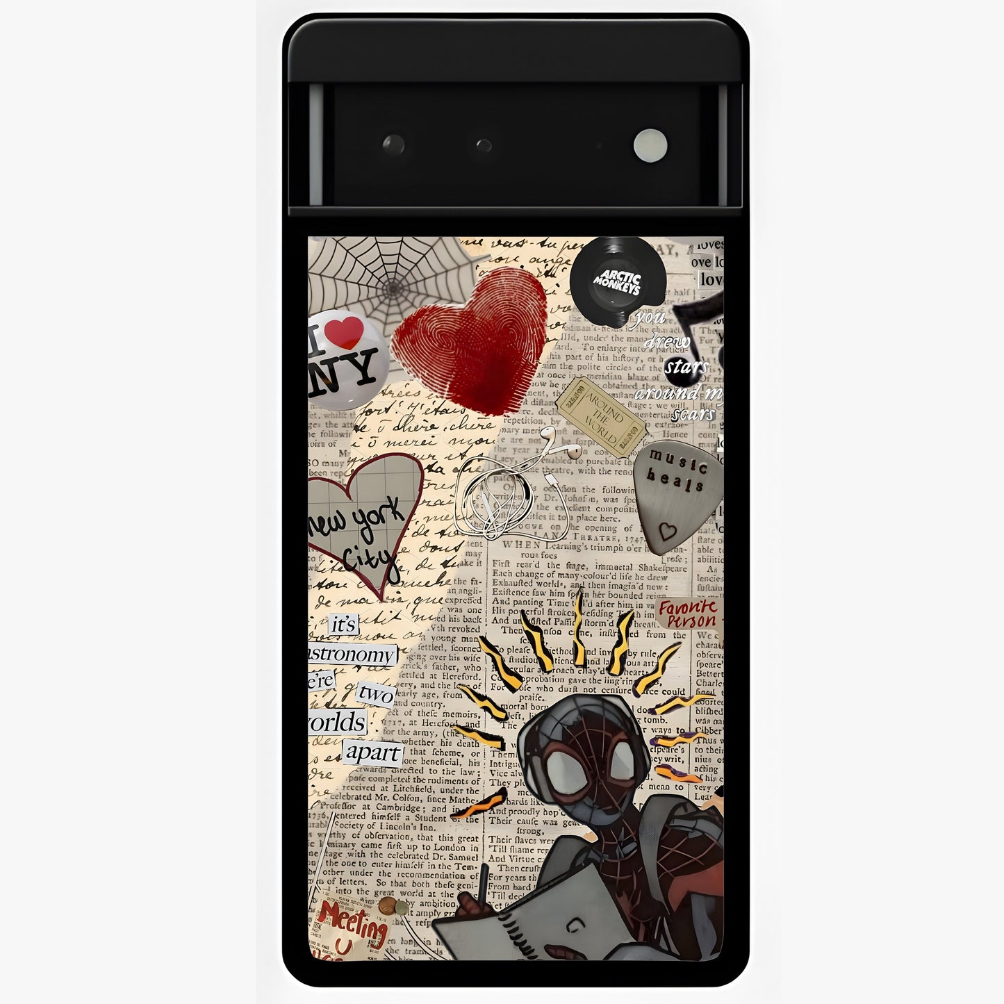 City Dream Sketch Glass Case showing flat back view with artistic city skyline sketch artwork and glossy glass finish.