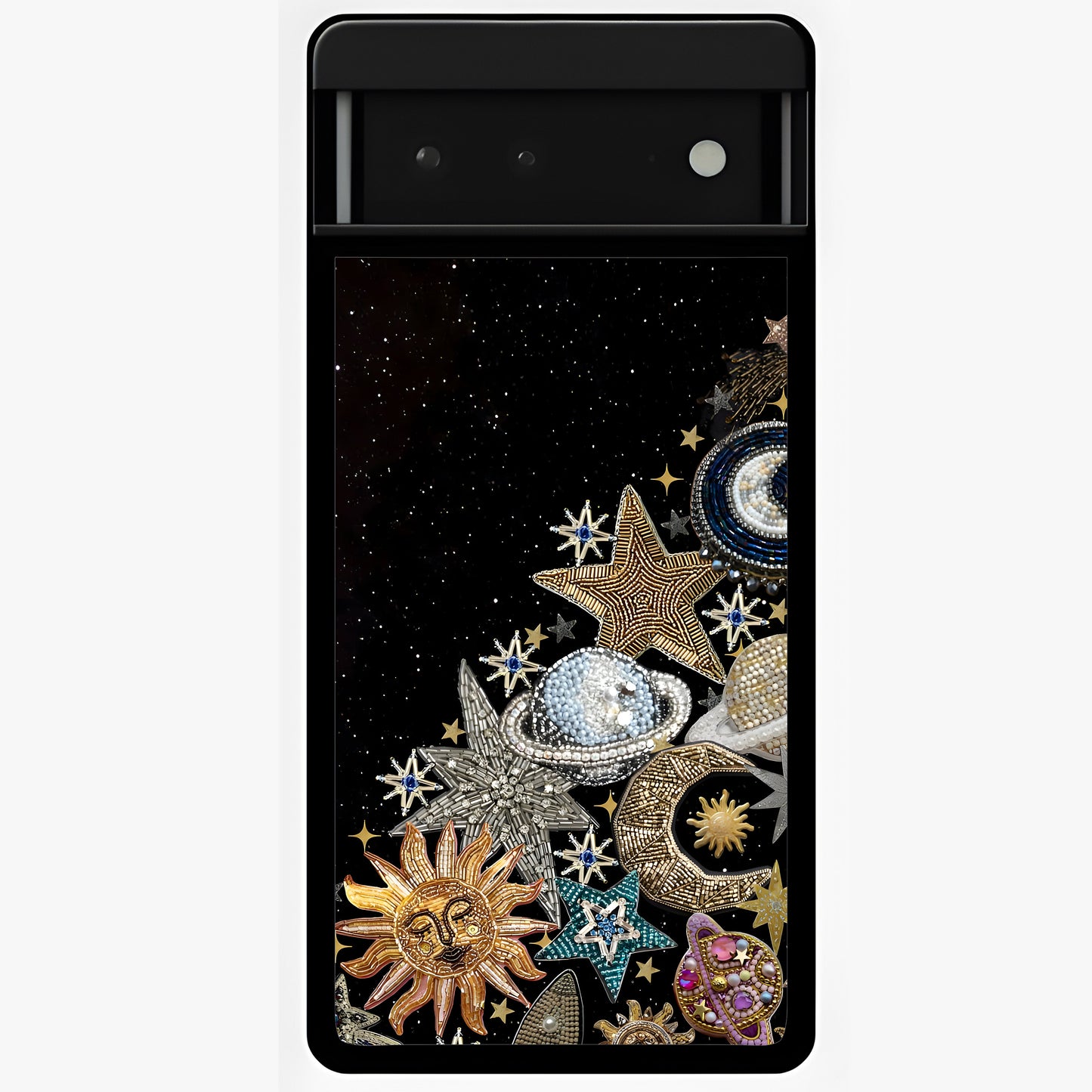 Cosmic Sparkle Dreams Glass Case showing flat back view with sparkling cosmic artwork and glossy glass finish.