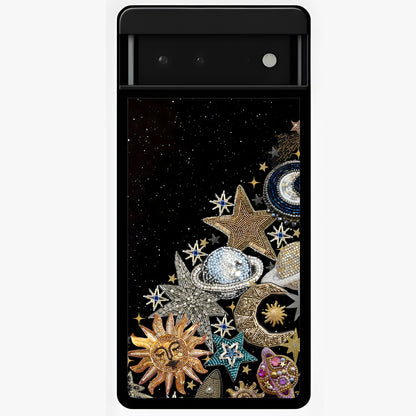 Cosmic Sparkle Dreams Glass Case showing flat back view with sparkling cosmic artwork and glossy glass finish.