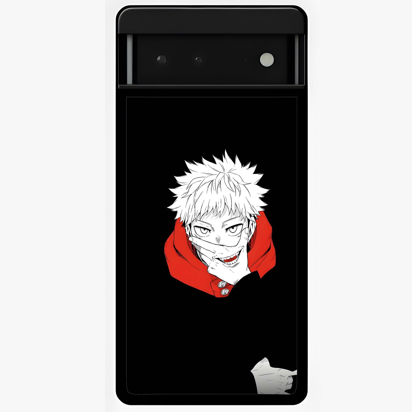 Crimson Chaos Smile Glass Case showing flat back view with bold chaotic smile artwork and glossy glass finish.