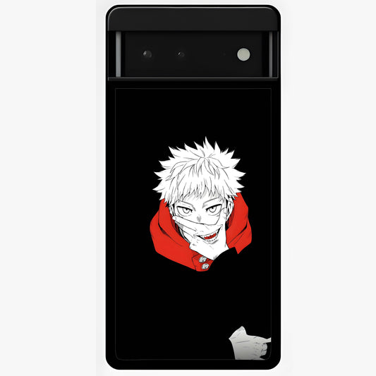 Crimson Chaos Smile Glass Case showing flat back view with bold chaotic smile artwork and glossy glass finish.