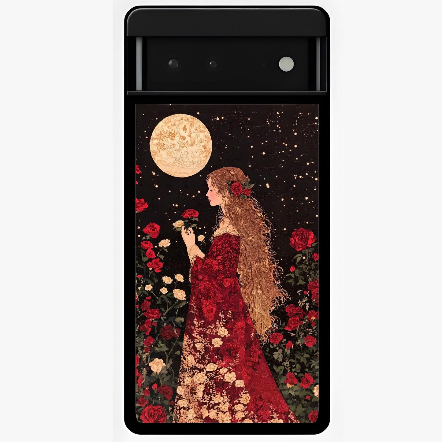 Crimson Dreams Glass Case showing flat back view with dreamy crimson artwork and glossy glass finish.
