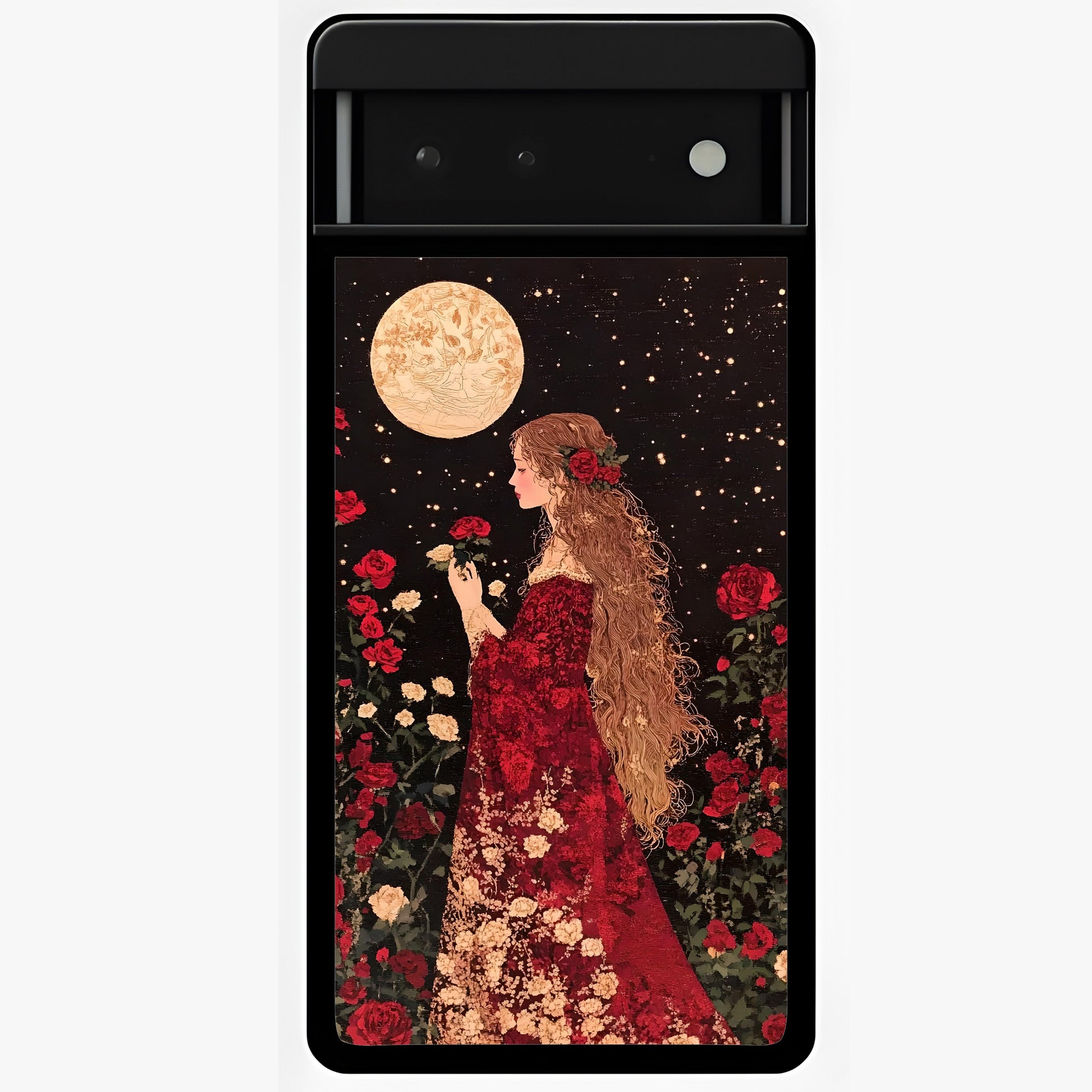 Crimson Dreams Glass Case showing flat back view with dreamy crimson artwork and glossy glass finish.