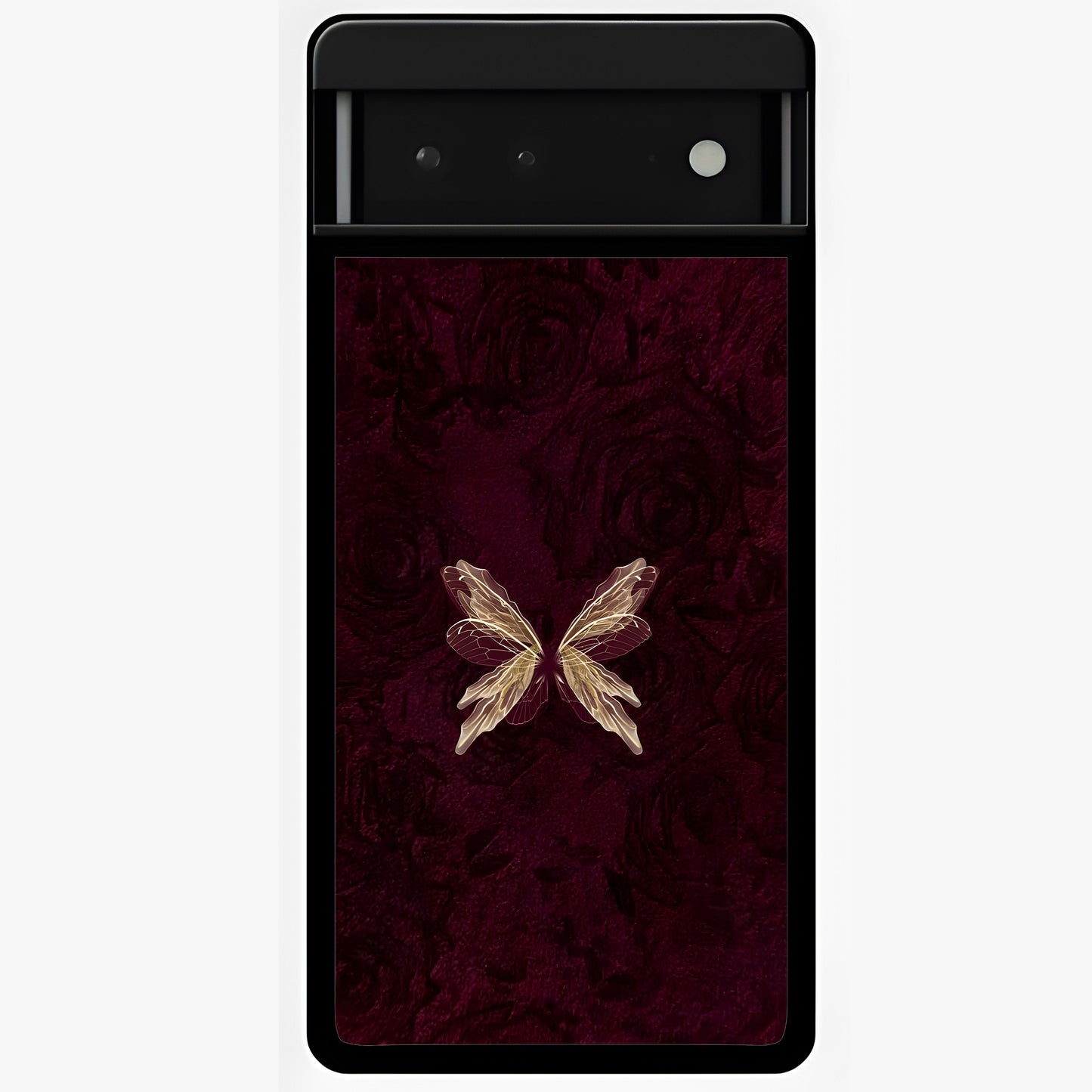 Crimson Fade Butterfly Glass Case showing flat back view with fading butterfly artwork and glossy glass finish.