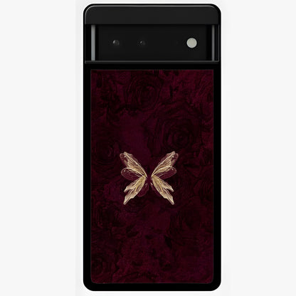 Crimson Fade Butterfly Glass Case showing flat back view with fading butterfly artwork and glossy glass finish.