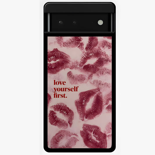 Crimson Kiss Love Glass Case showing flat back view with romantic crimson themed artwork and glossy glass finish.