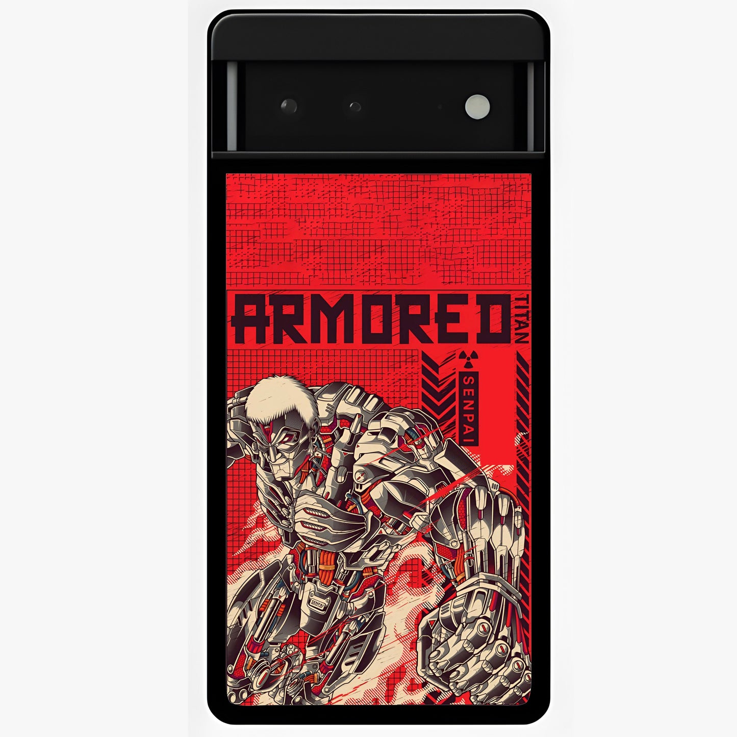 Crimson Mecha Titan Glass Case showing flat back view with powerful mech titan artwork and glossy glass finish.