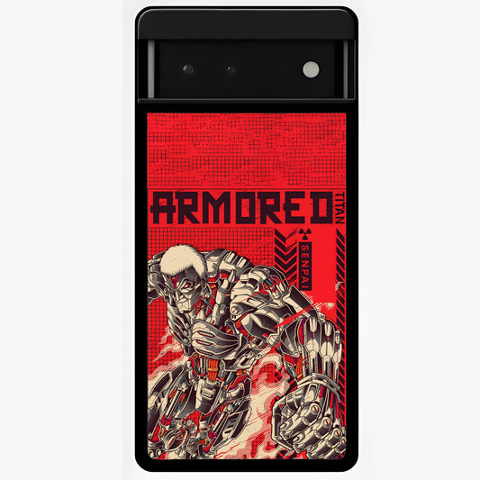 Crimson Mecha Titan Glass Case showing flat back view with powerful mech titan artwork and glossy glass finish.