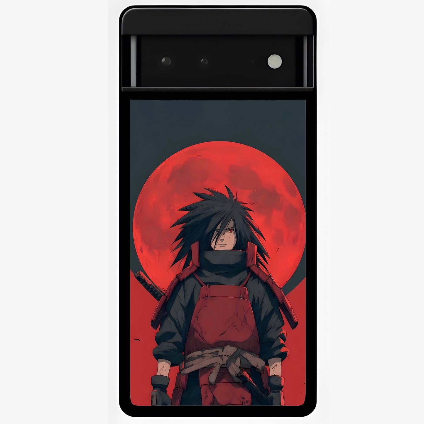 Crimson Moon Warlord Glass Case showing flat back view with mystical moon warrior artwork and glossy glass finish.