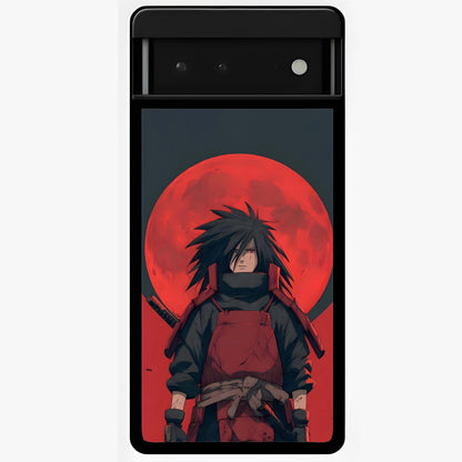 Crimson Moon Warlord Glass Case showing flat back view with mystical moon warrior artwork and glossy glass finish.