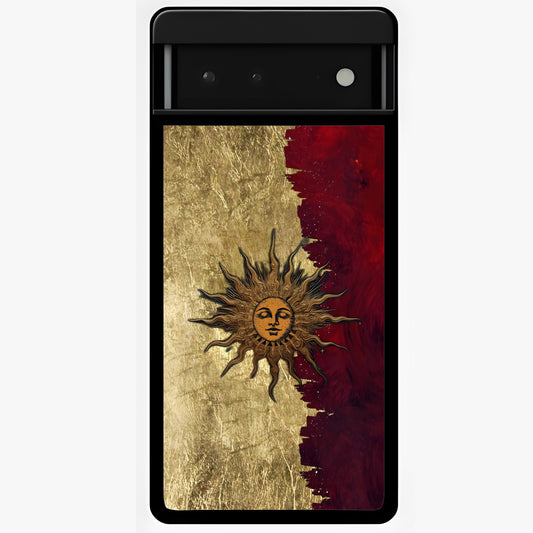 Crimson Sun Majesty Glass Case showing flat back view with radiant sun inspired artwork and glossy glass finish.