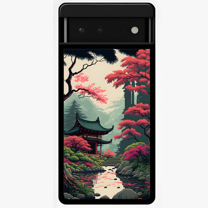 Crimson Temple View Glass Case showing flat back view with temple inspired artwork and glossy glass finish.