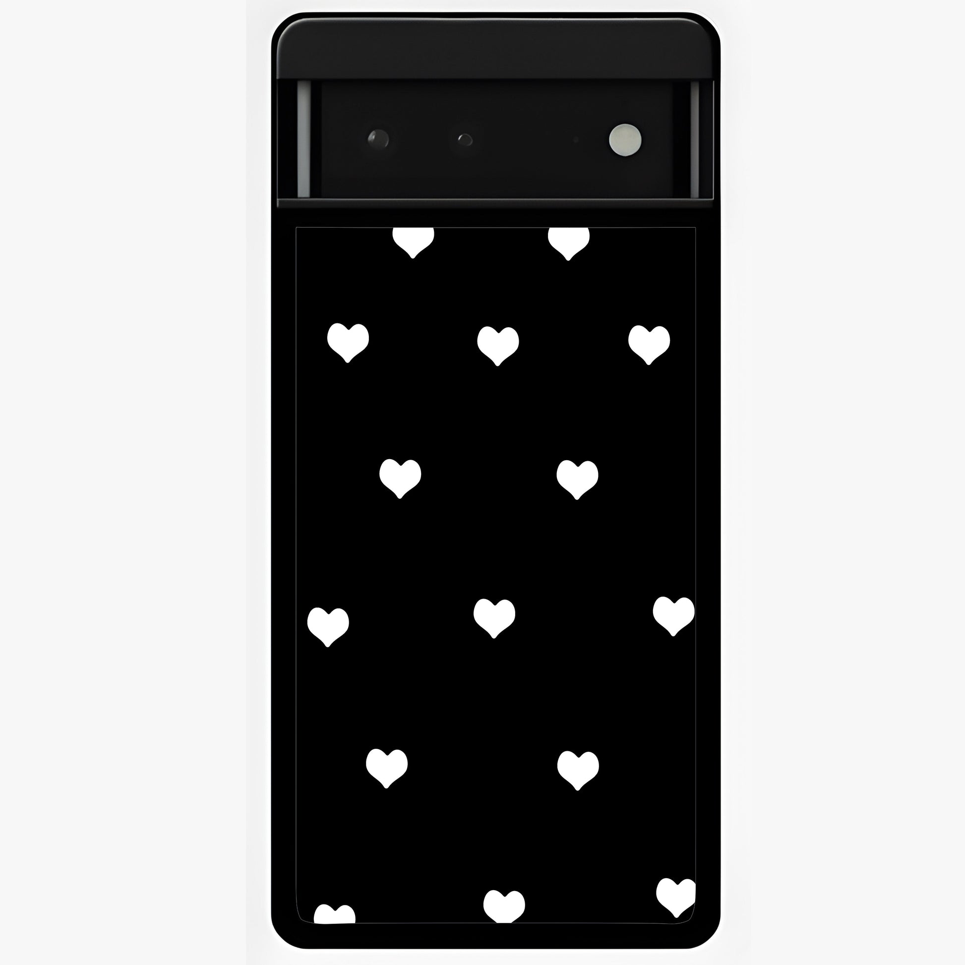 Cute And Simple White Hearts Glass Case showing flat back view with minimal white heart pattern and glossy glass finish.