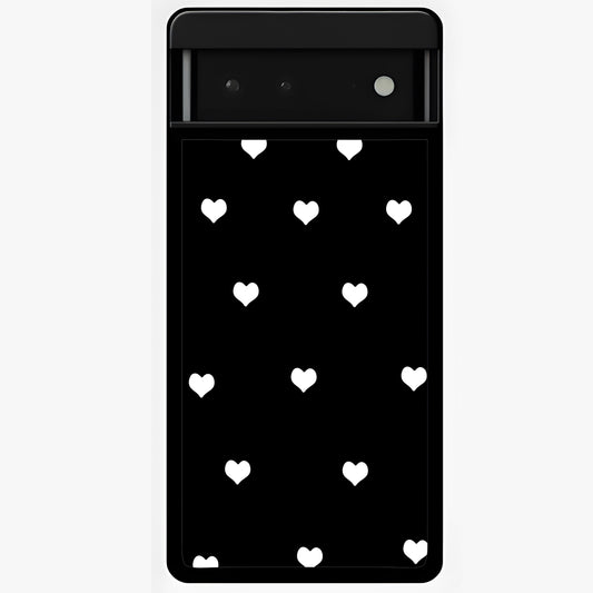 Cute And Simple White Hearts Glass Case showing flat back view with minimal white heart pattern and glossy glass finish.