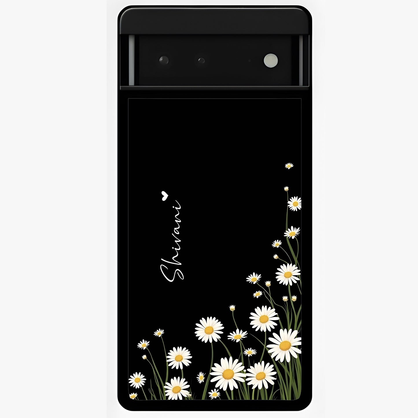 Daisy Cascade Custom Name Glass Case showing flat back view with cascading daisy flowers and personalized name design.