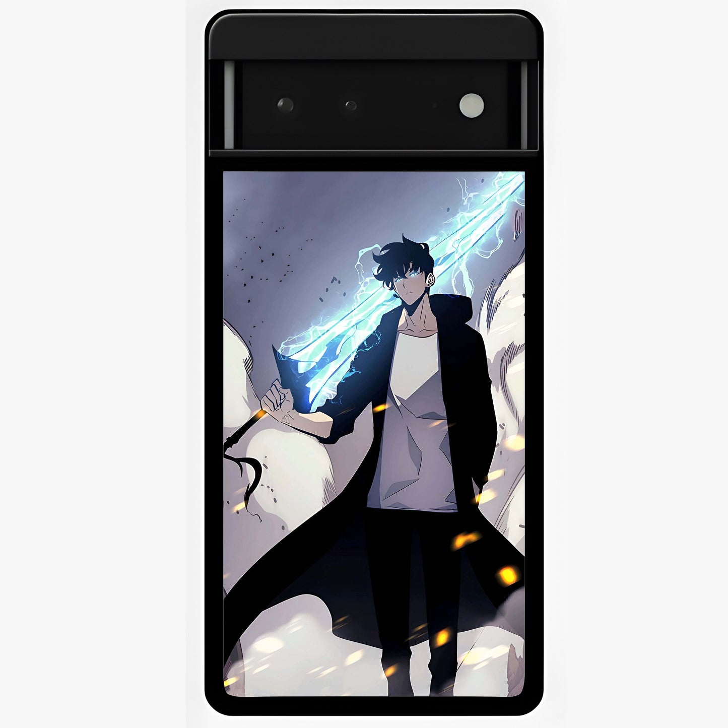Dark Lightning Anime Warrior Glass Case showing flat back view with intense anime warrior artwork and glossy glass finish.