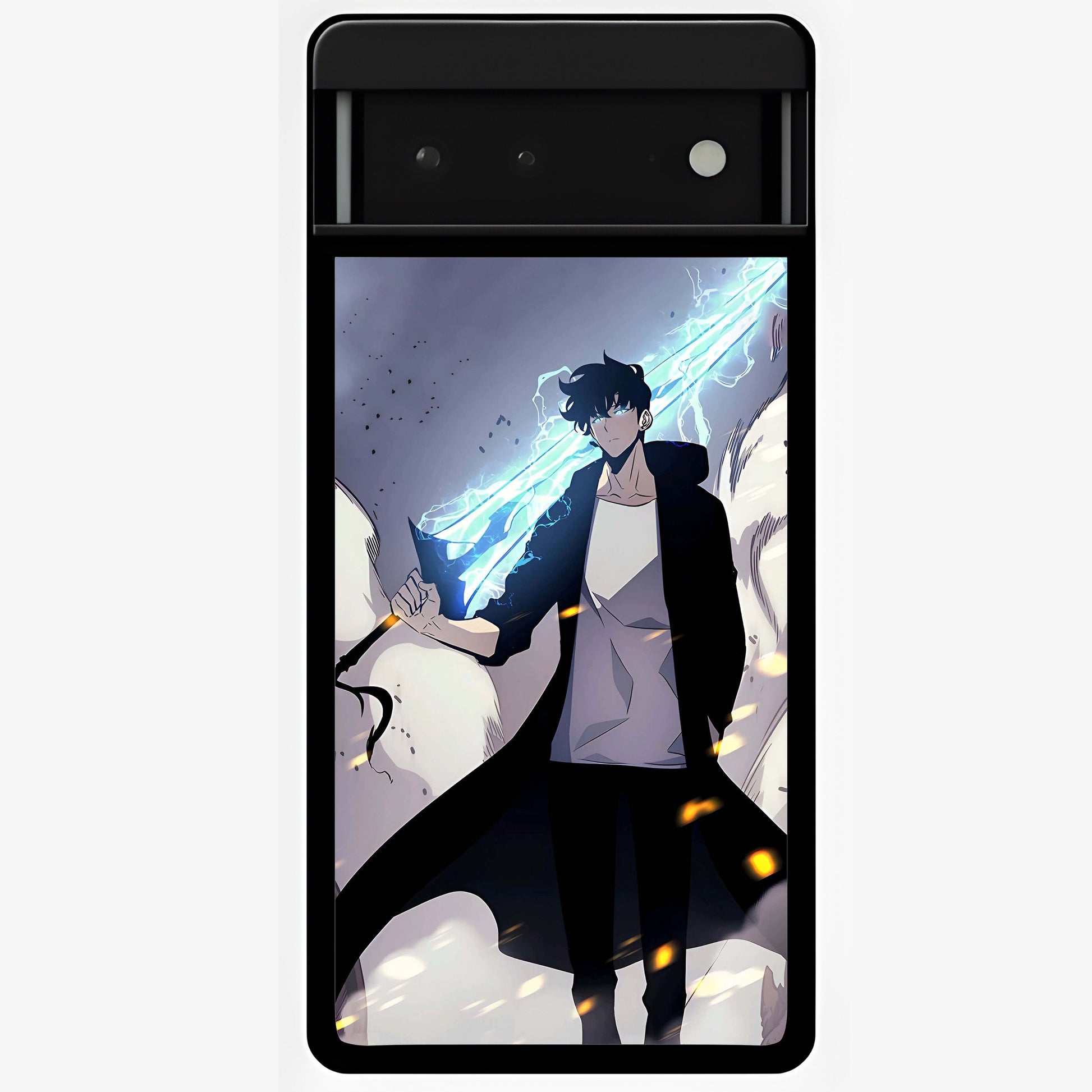 Dark Lightning Anime Warrior Glass Case showing flat back view with intense anime warrior artwork and glossy glass finish.