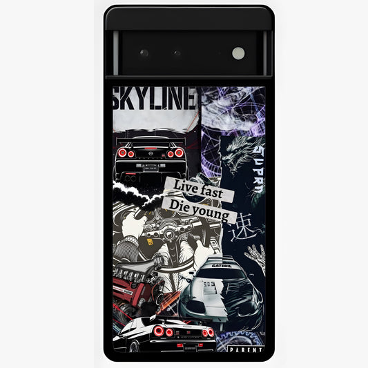 Die Young Glass Case showing flat back view with bold artistic typography design and glossy glass finish.