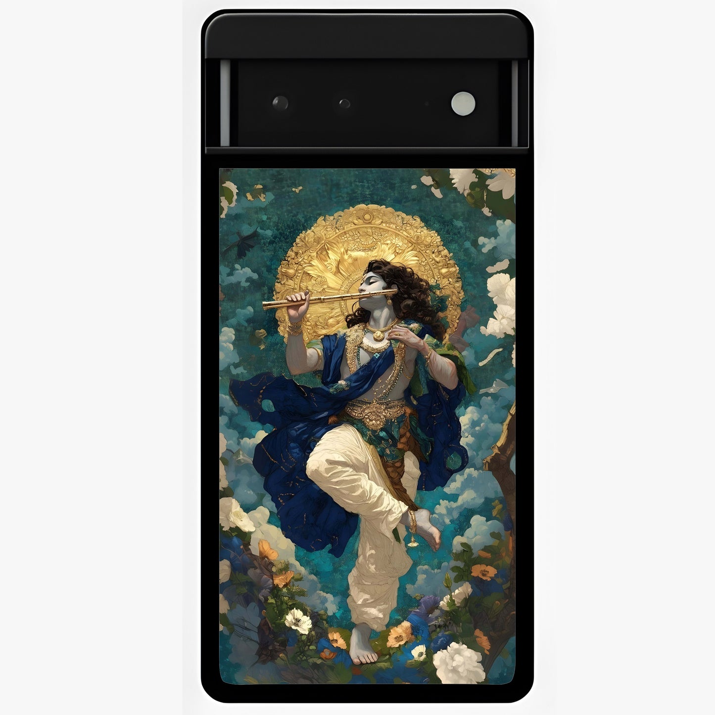Divine Krishna Art Glass Case showing flat back view with Lord Krishna artwork and glossy glass finish.