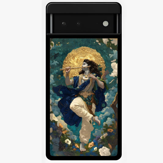 Divine Krishna Art Glass Case showing flat back view with Lord Krishna artwork and glossy glass finish.