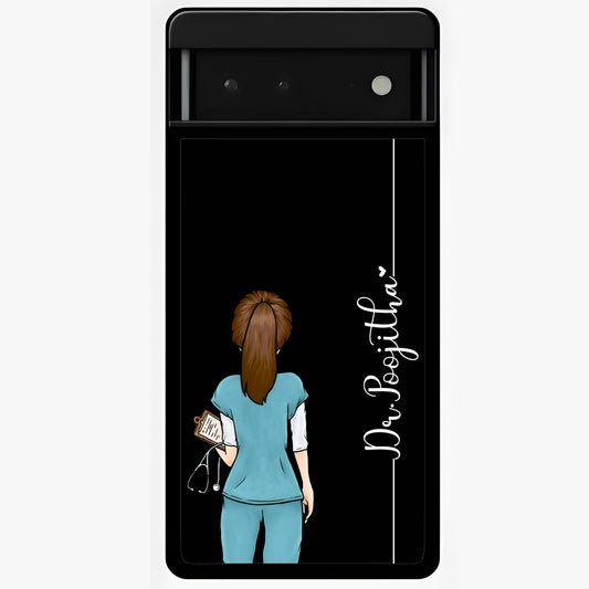 Doctor Pattern Custom Name Glass Case showing flat back view with medical themed pattern and personalized name design.