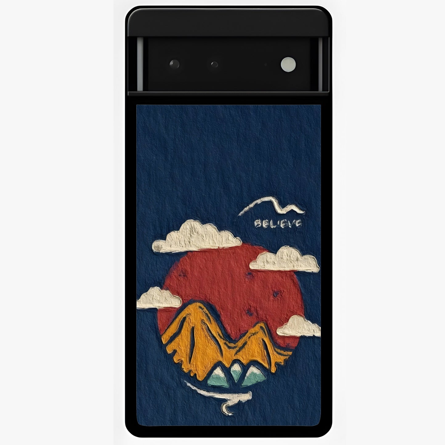 Dream Beyond Mountains Glass Case showing flat back view with scenic mountain landscape artwork and glossy glass finish.
