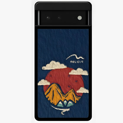 Dream Beyond Mountains Glass Case showing flat back view with scenic mountain landscape artwork and glossy glass finish.