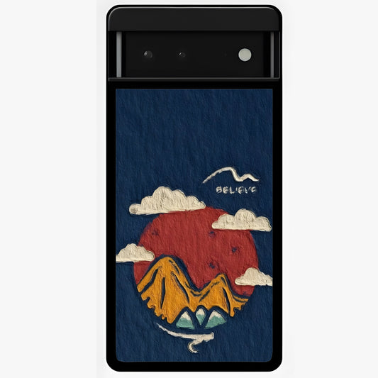 Dream Beyond Mountains Glass Case showing flat back view with scenic mountain landscape artwork and glossy glass finish.