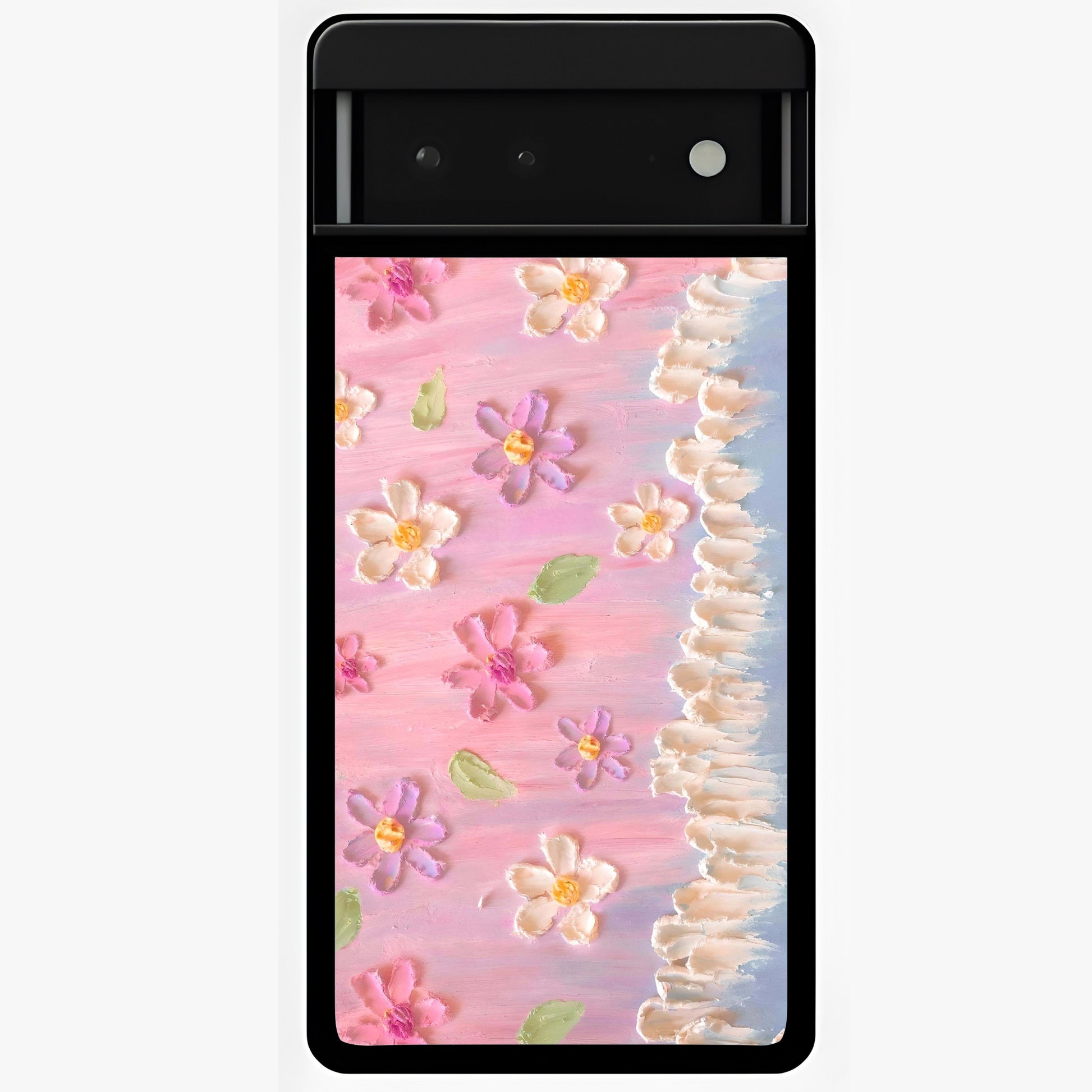 Dreamy Painted Garden Glass Case showing flat back view with artistic painted floral garden artwork and glossy glass finish.