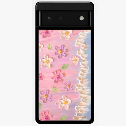 Dreamy Painted Garden Glass Case showing flat back view with artistic painted floral garden artwork and glossy glass finish.