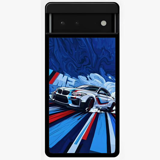 Drift Power Rush Glass Case showing flat back view with dynamic racing inspired artwork and glossy glass finish.