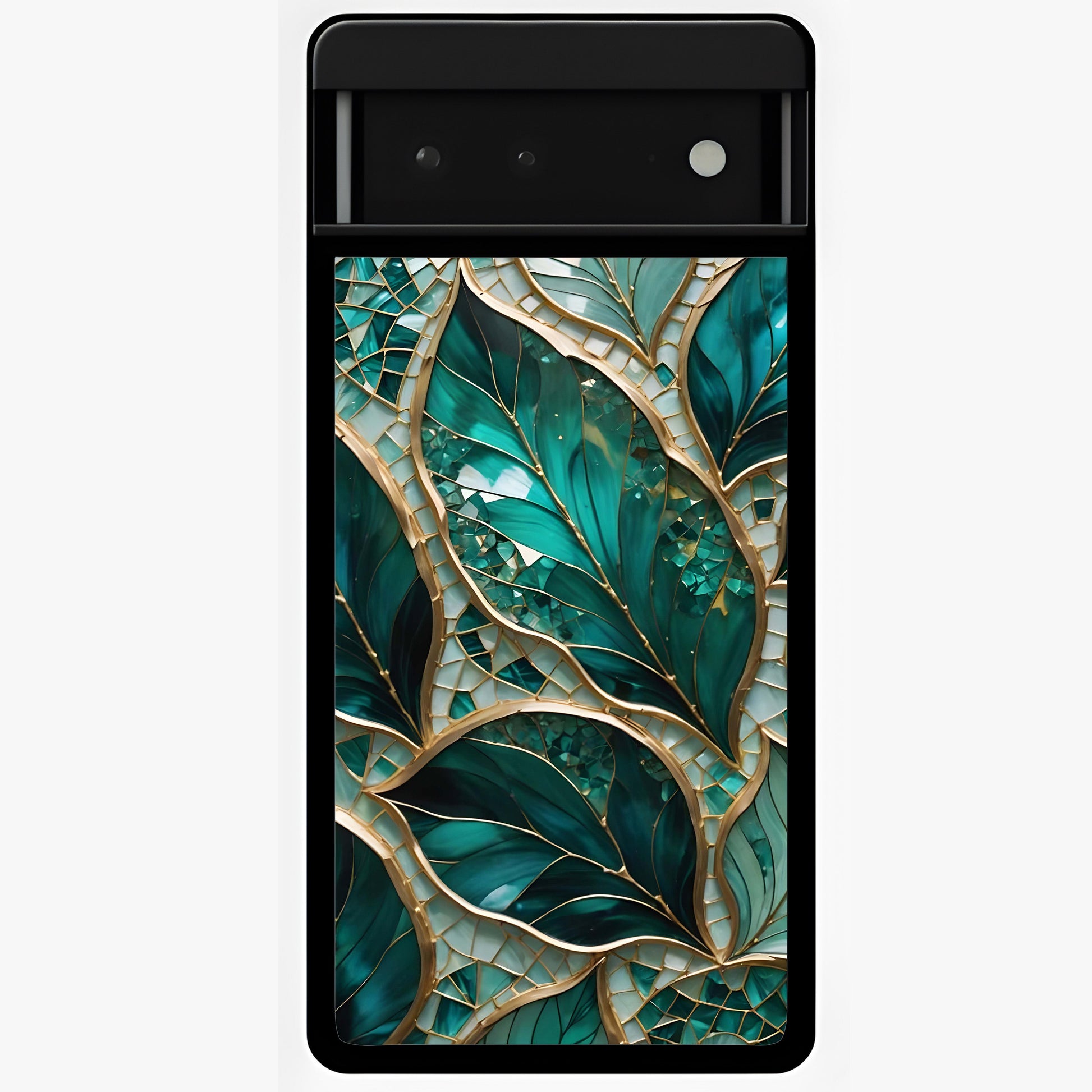 Emerald Leaf Glass Glass Case showing flat back view with emerald green leaf artwork and glossy glass finish.