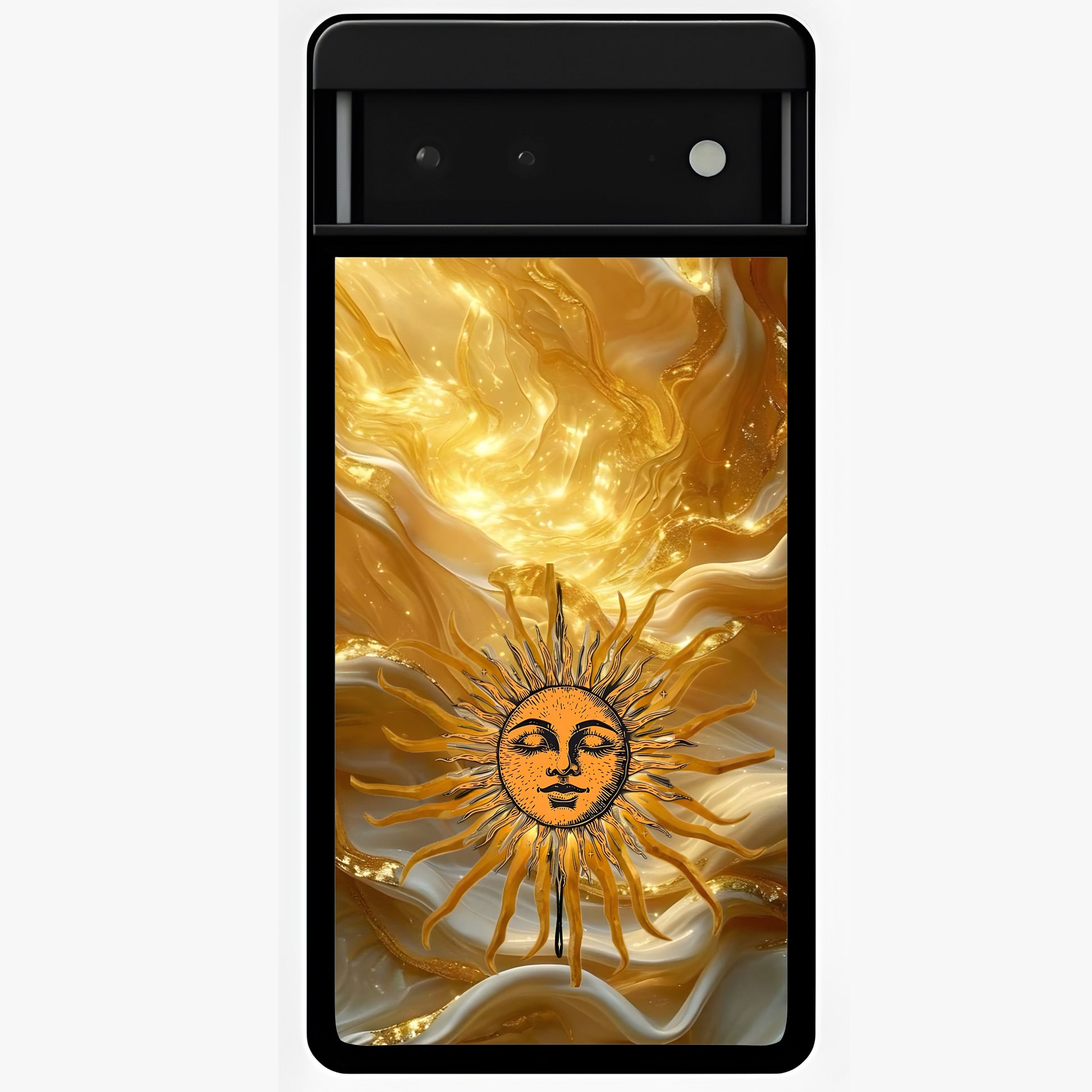 Eternal Golden Glow Glass Case showing flat back view with radiant golden themed artwork and glossy glass finish.