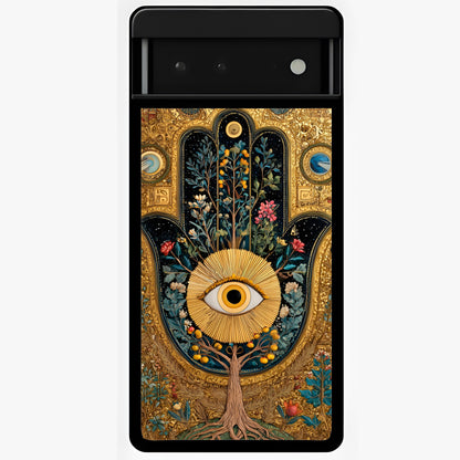 Ethereal Evil Eye Glass Case showing flat back view with mystical evil eye artwork and glossy glass finish.