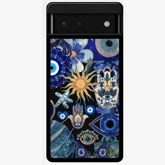 Evil Eye Charm Mix Glass Case showing flat back view with multiple evil eye charms artwork and glossy glass finish.