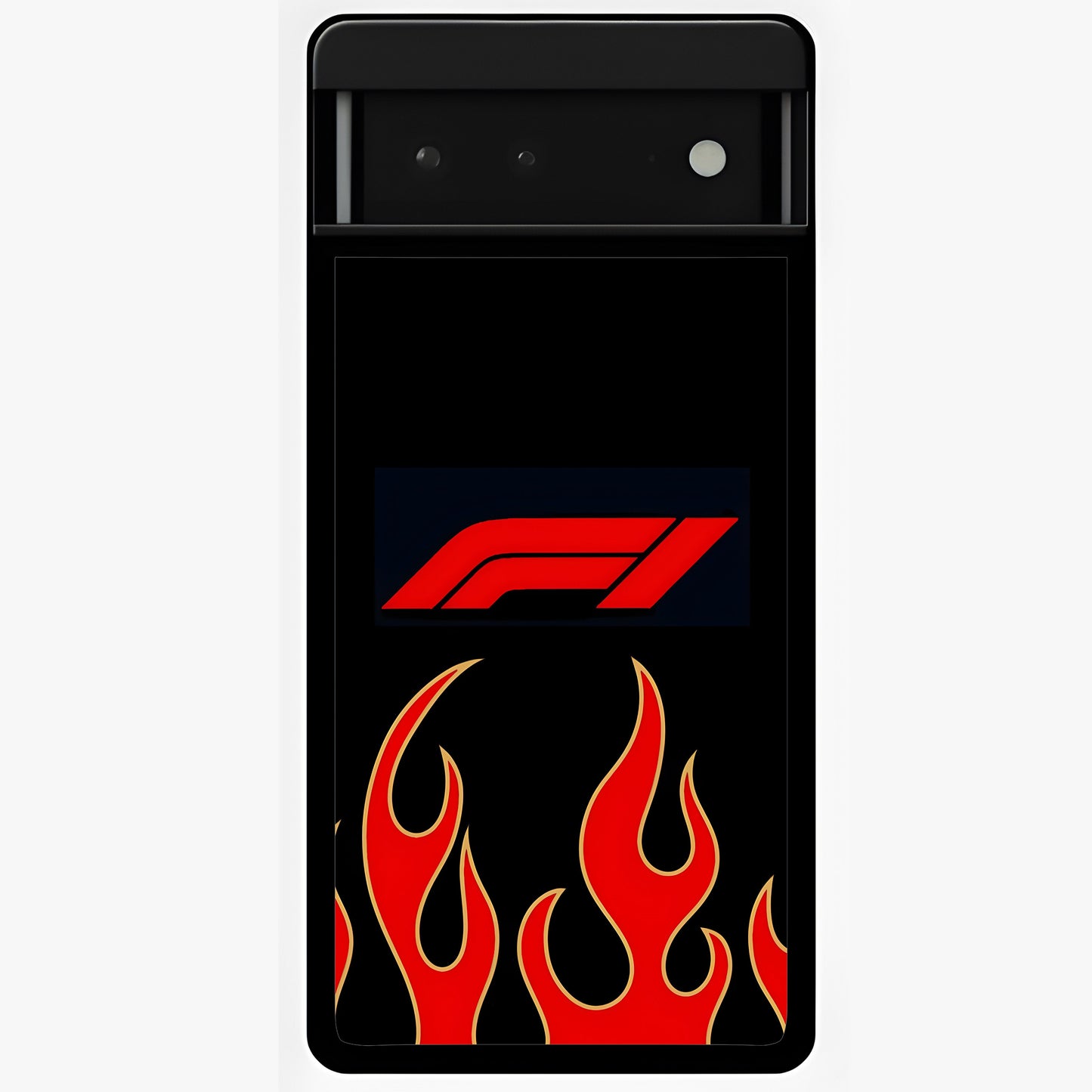 Fire F11 Glass Case showing flat back view with fiery themed artwork and glossy glass finish.