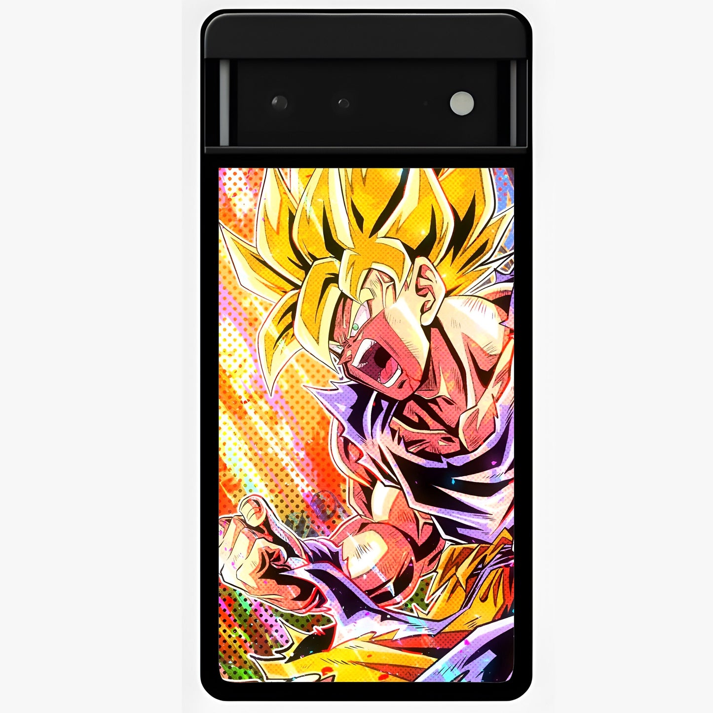 Firing Goku Glass Case showing flat back view with powerful anime inspired artwork and glossy glass finish.