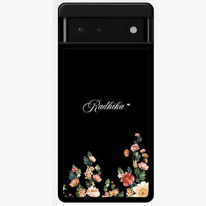Floral Design With a Custom Personalized Name Glass Case showing flat back view with floral artwork and personalized name design.
