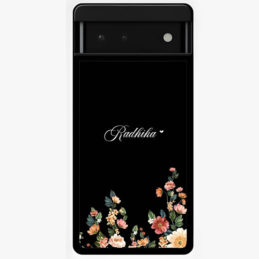 Floral Design With a Custom Personalized Name Glass Case showing flat back view with floral artwork and personalized name design.