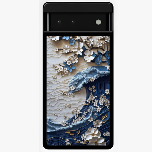 Floral Wave Origami Glass Case showing flat back view with origami inspired floral wave artwork and glossy glass finish.