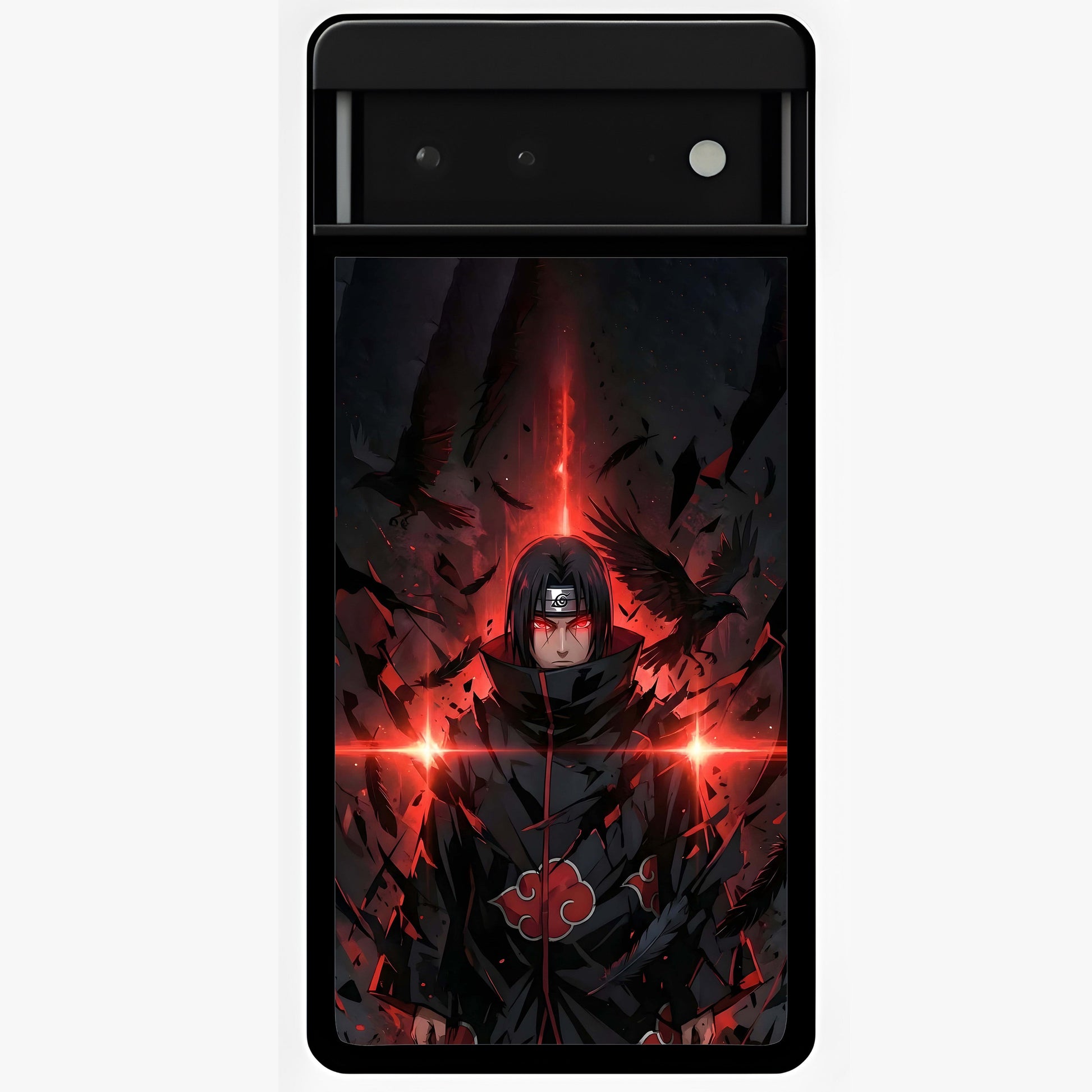 Focused Blade Discipline Glass Case showing flat back view with warrior sword themed artwork and glossy glass finish.