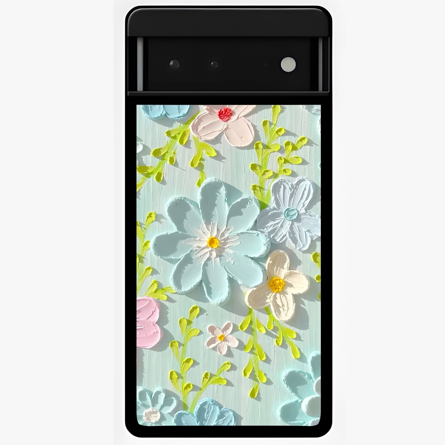 Frosted Petal Garden Glass Case showing flat back view with soft frosted floral artwork and glossy glass finish.