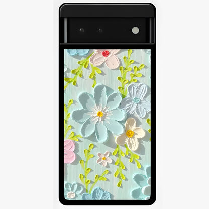 Frosted Petal Garden Glass Case showing flat back view with soft frosted floral artwork and glossy glass finish.