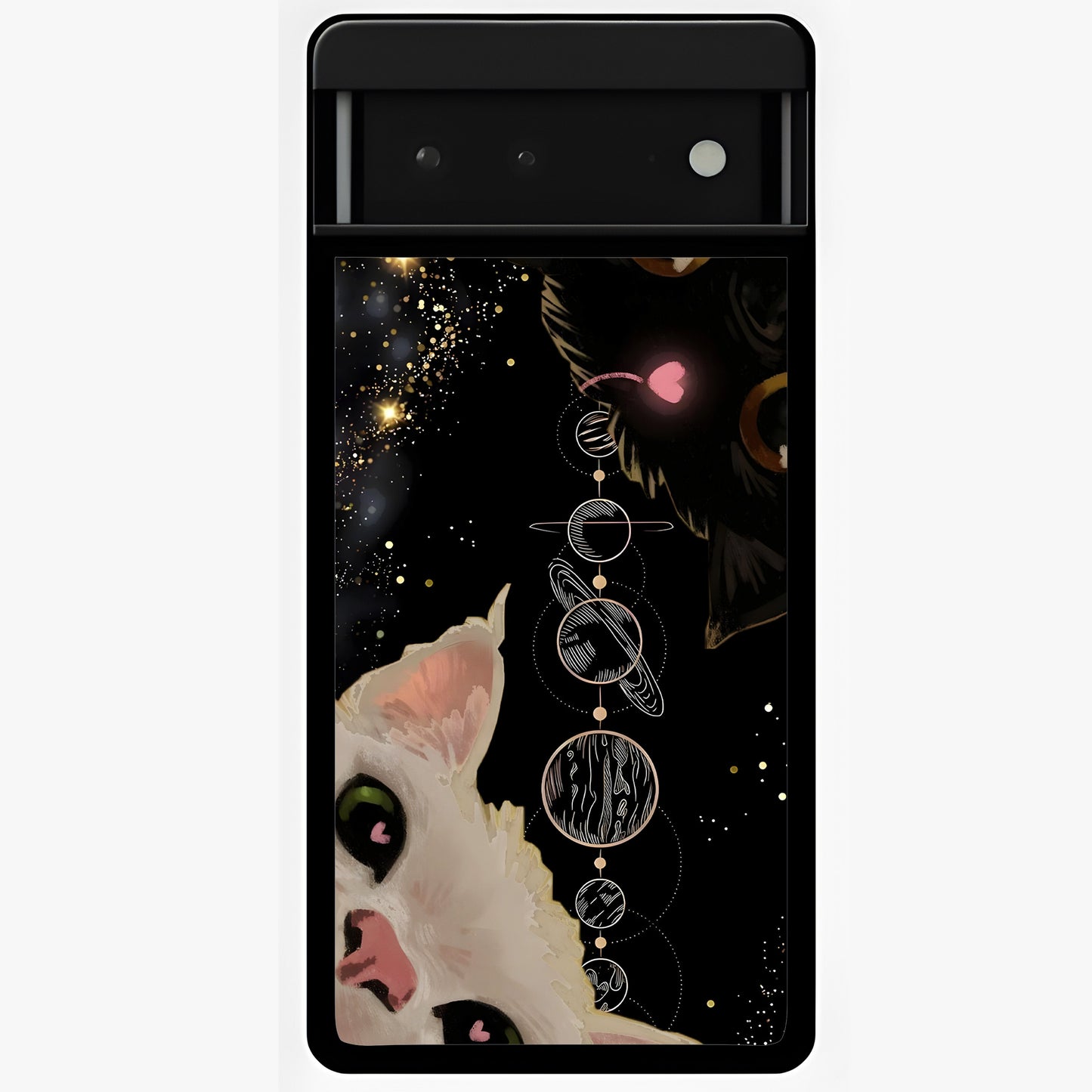 Galactic Cat Glass Case showing flat back view with cosmic cat artwork and glossy glass finish.