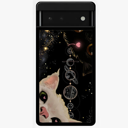 Galactic Cat Glass Case showing flat back view with cosmic cat artwork and glossy glass finish.