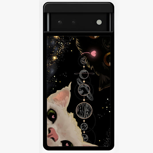 Galactic Cat Glass Case showing flat back view with cosmic cat artwork and glossy glass finish.