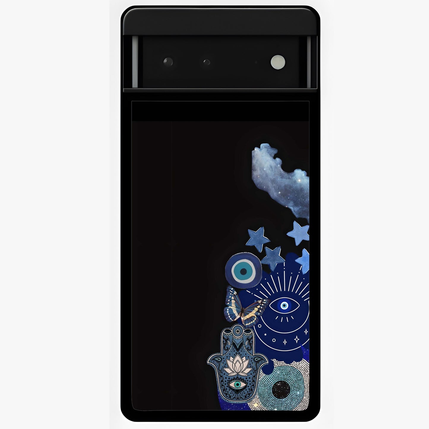 Galactic Charm Cluster Glass Case showing flat back view with glowing celestial charm artwork and glossy glass finish.